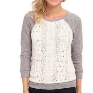 Lycky Brand "Lucky Bliss California" Front Crocheted Mix Media‎ Sweater Top Gray